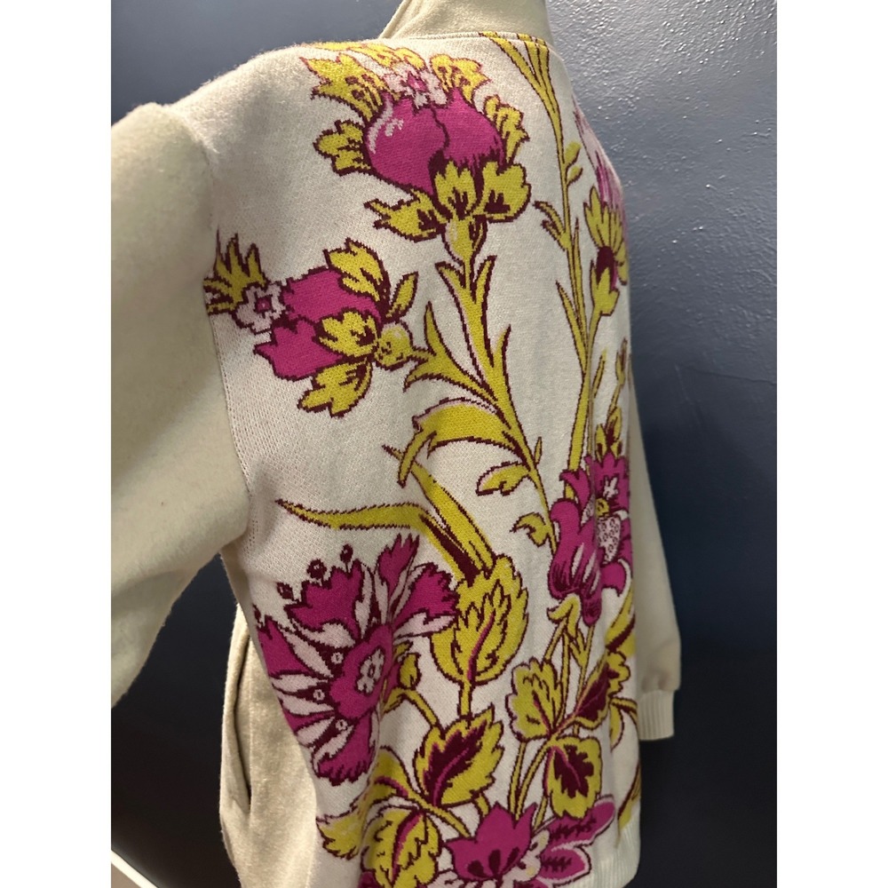 Anthropologie Tapestry Bomber Jacket M/L Cream Floral Knit Wool Blend Oversized - Picture 14 of 16